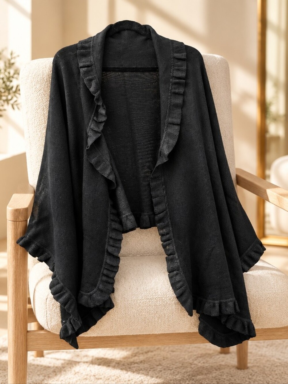 Rutherford Black Ruffle-Trim Open Front Women's Sweater/Cape